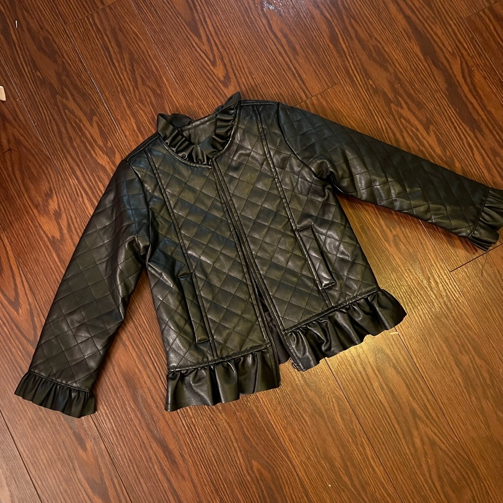 Kids youth quilted faux black leather jacket